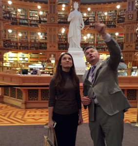 James Bezan shows Yulia around the parliament library.